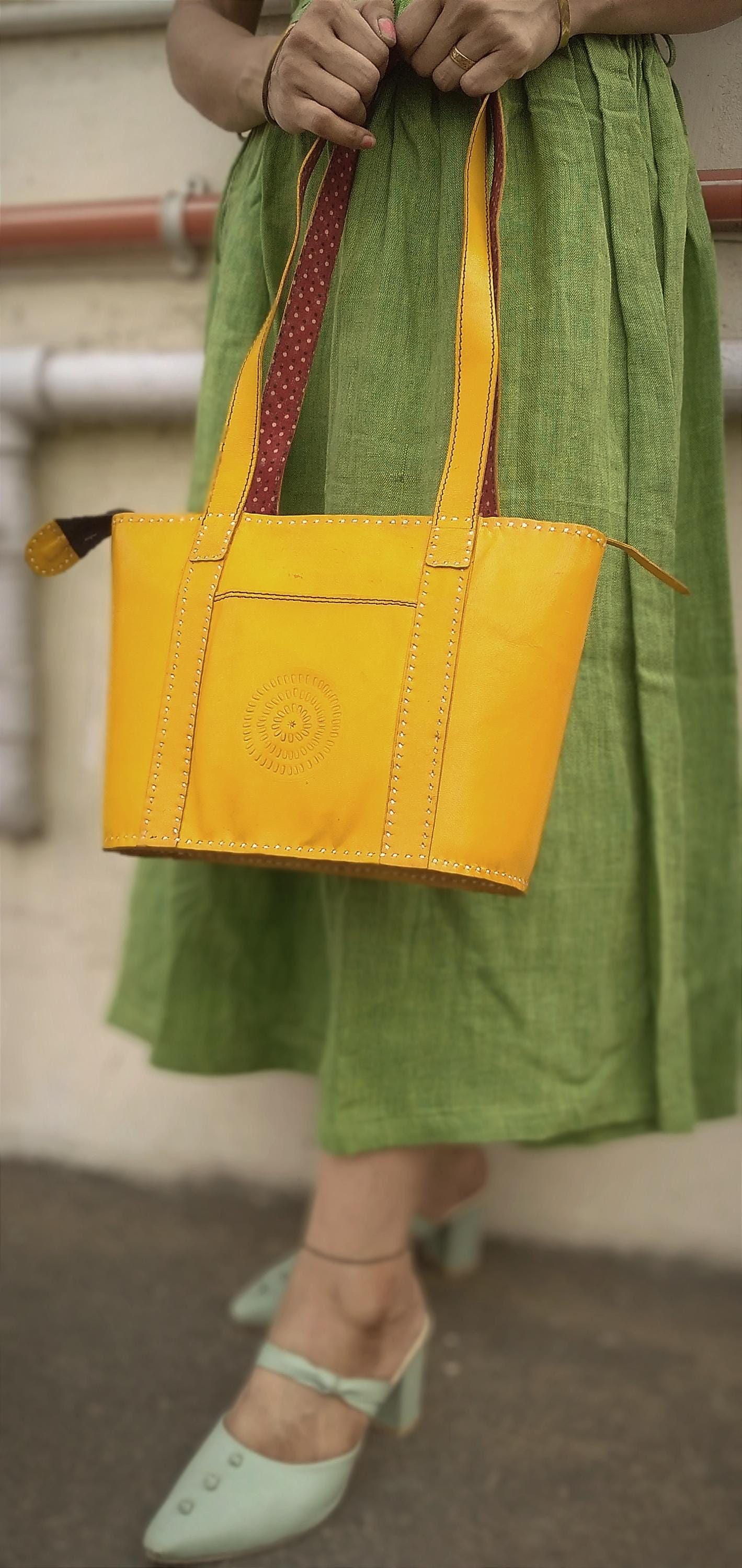 Sapphire Yellow & Red Handcrafted Leather Designer Handbag - Premium