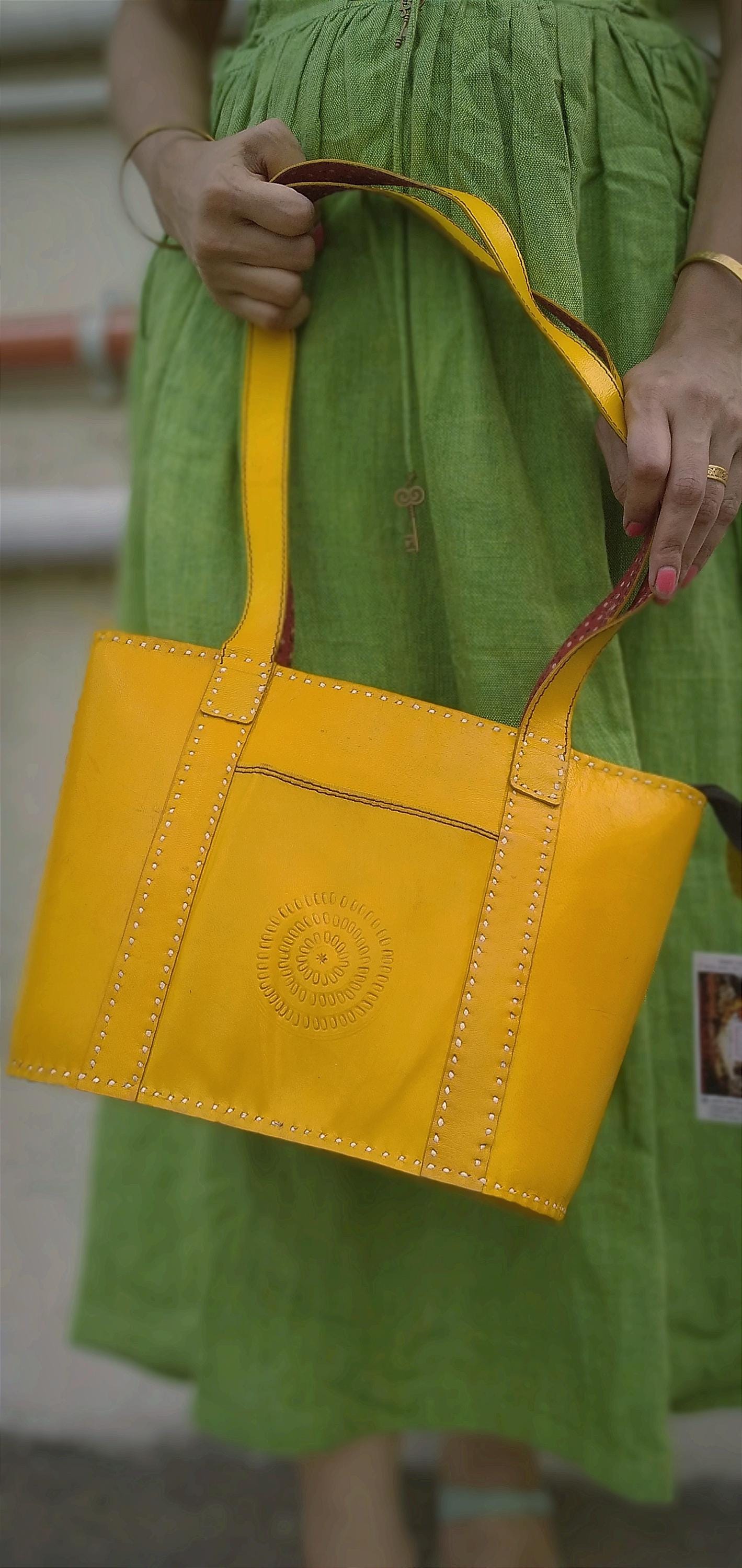 Sapphire Yellow & Red Handcrafted Leather Designer Handbag - Premium