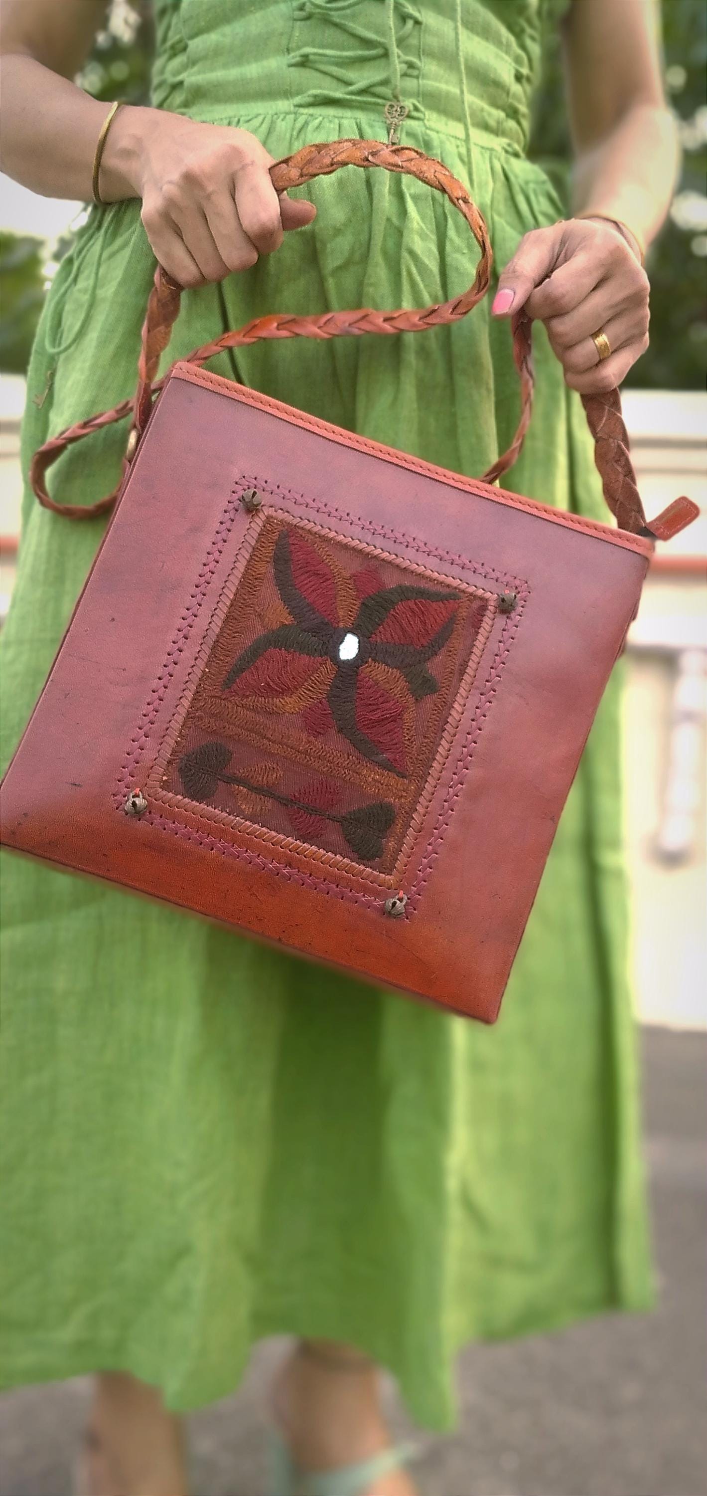 Regalia Red Hand-Stitched & Embroidered Leather Designer Handbag