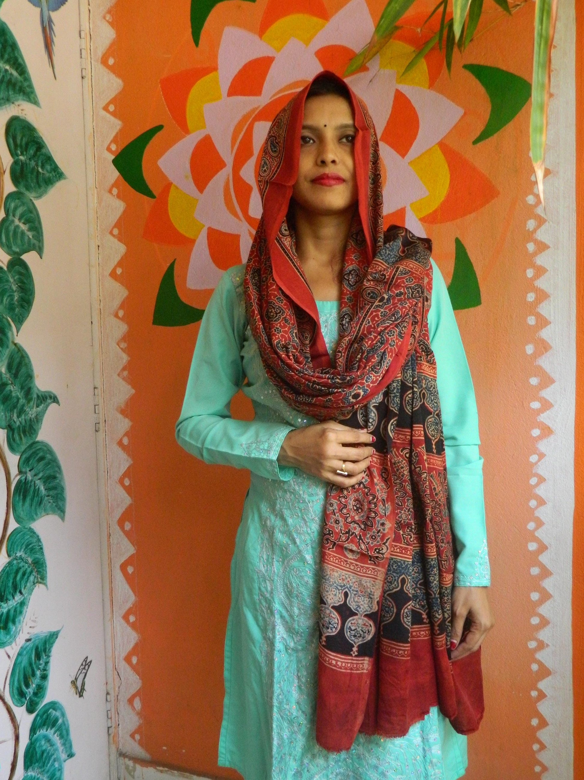 Zubeida Red & Black Ajrakh Modal Silk Dupatta - Natural Dye Stole