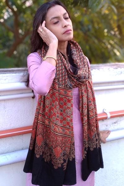 Pakeeza Red & Black Fused Ajrakh Modal Silk Dupatta - Designer Stoles