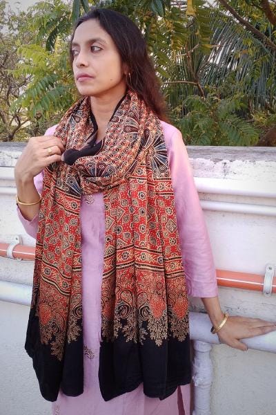 Pakeeza Red & Black Fused Ajrakh Modal Silk Dupatta - Designer Stoles