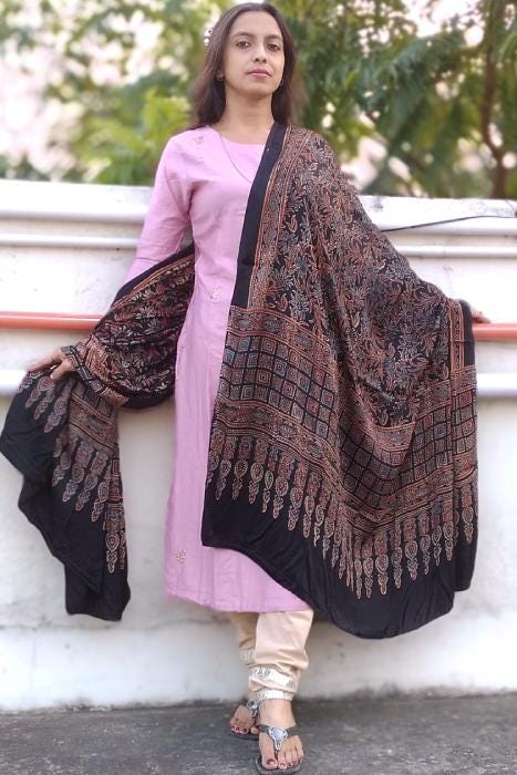 Shayarana Black & Red Ajrakh Modal Silk Dupatta - Natural Dye Cultural Clothing