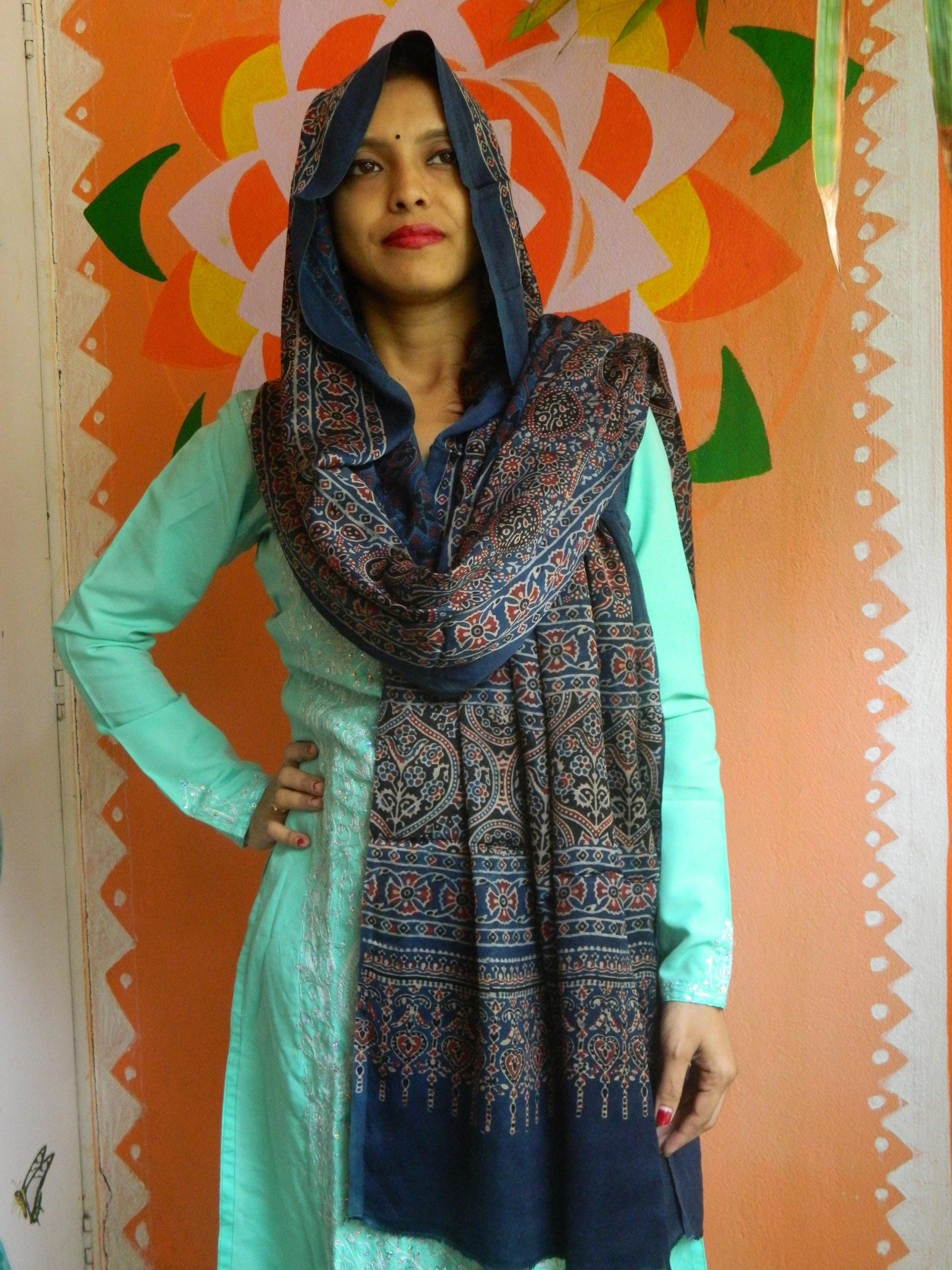Indigo Blue Graphite Grey Red Modal Silk Ajrakh Handblock Dupatta