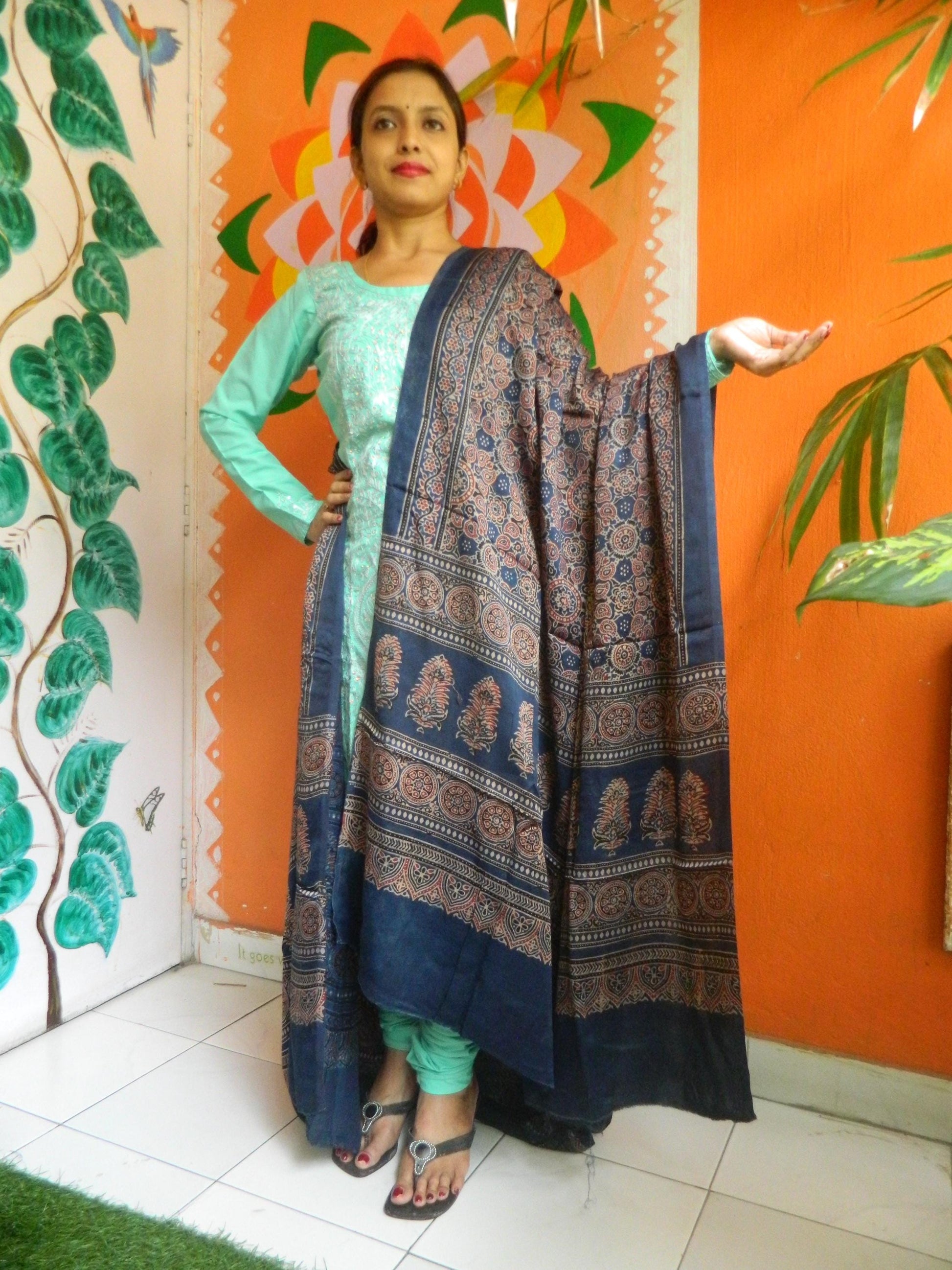 Indigo Blue Graphite Grey Red Modal Silk Ajrakh Handblock Dupatta