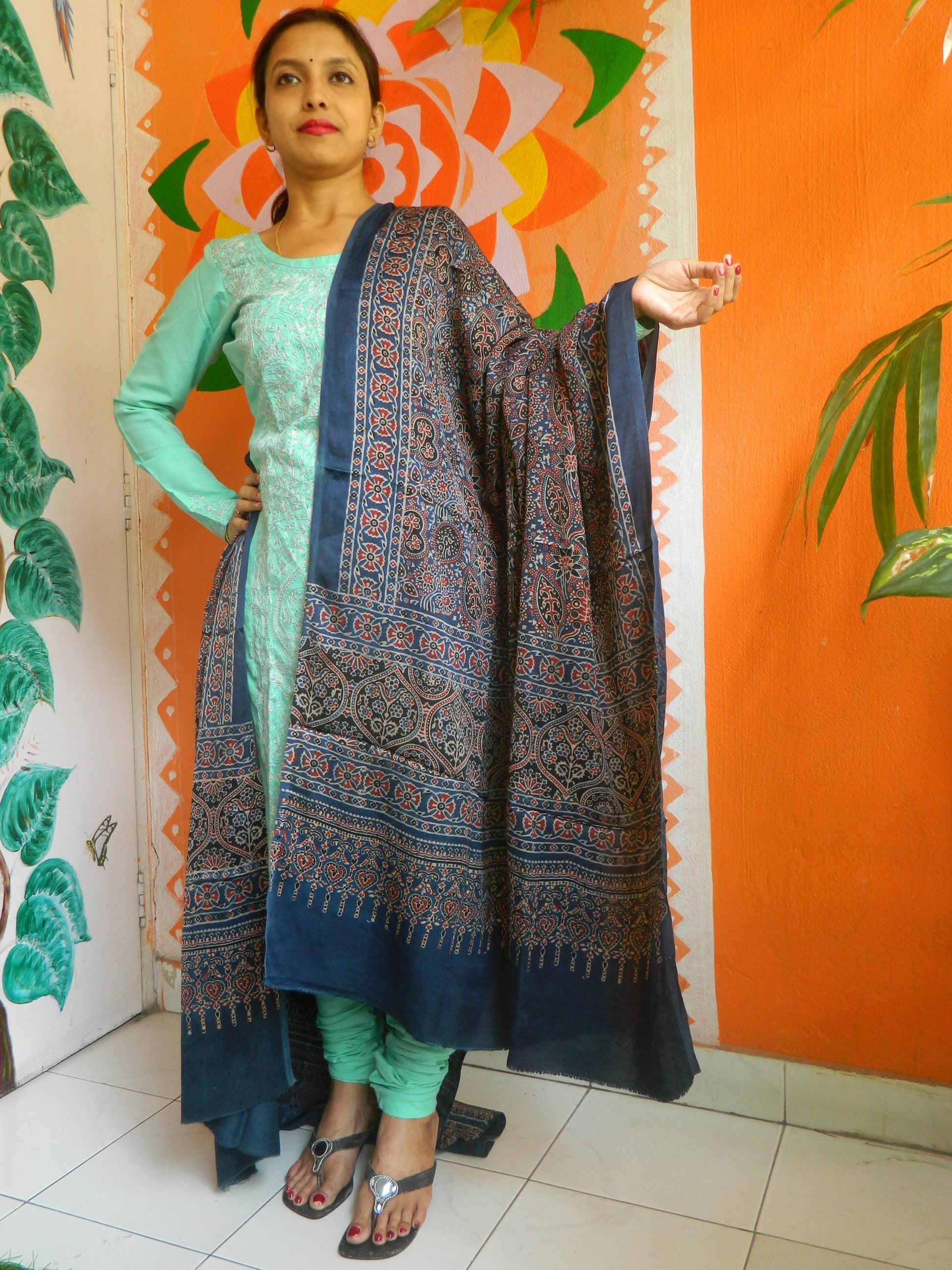 Indigo Blue Graphite Grey Red Modal Silk Ajrakh Handblock Dupatta