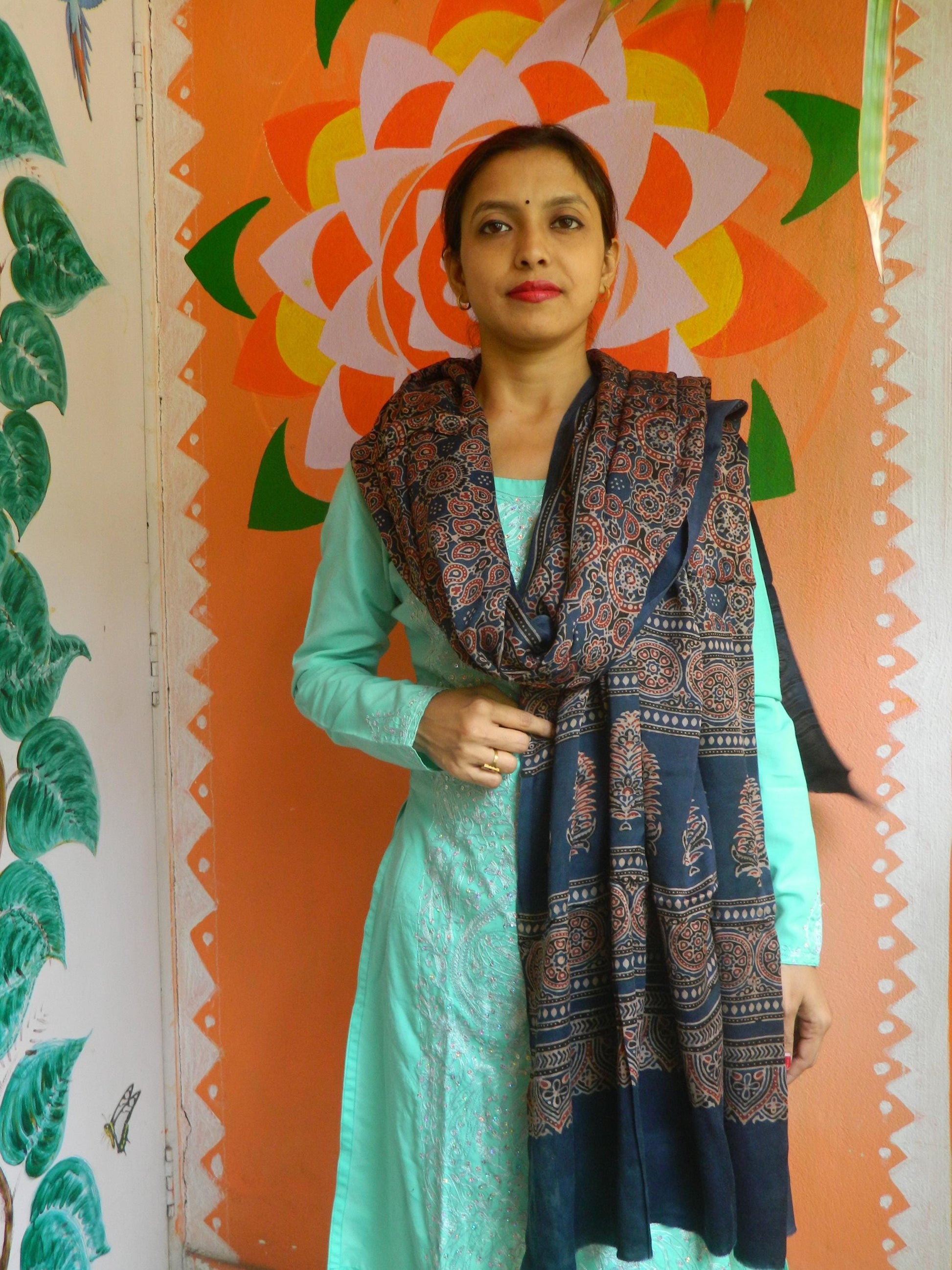 Indigo Blue Graphite Grey Red Modal Silk Ajrakh Handblock Dupatta