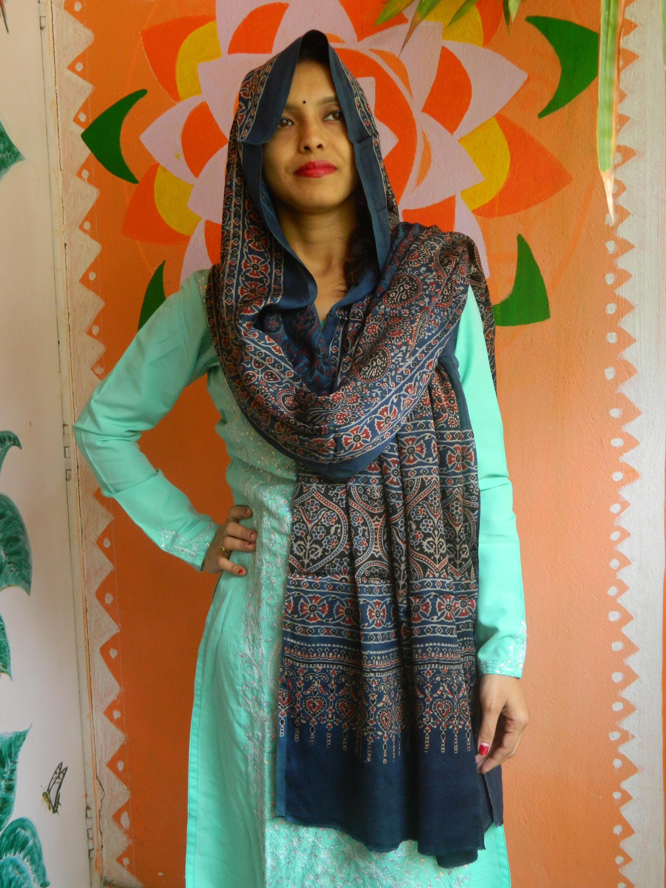Indigo Blue Graphite Grey Red Modal Silk Ajrakh Handblock Dupatta