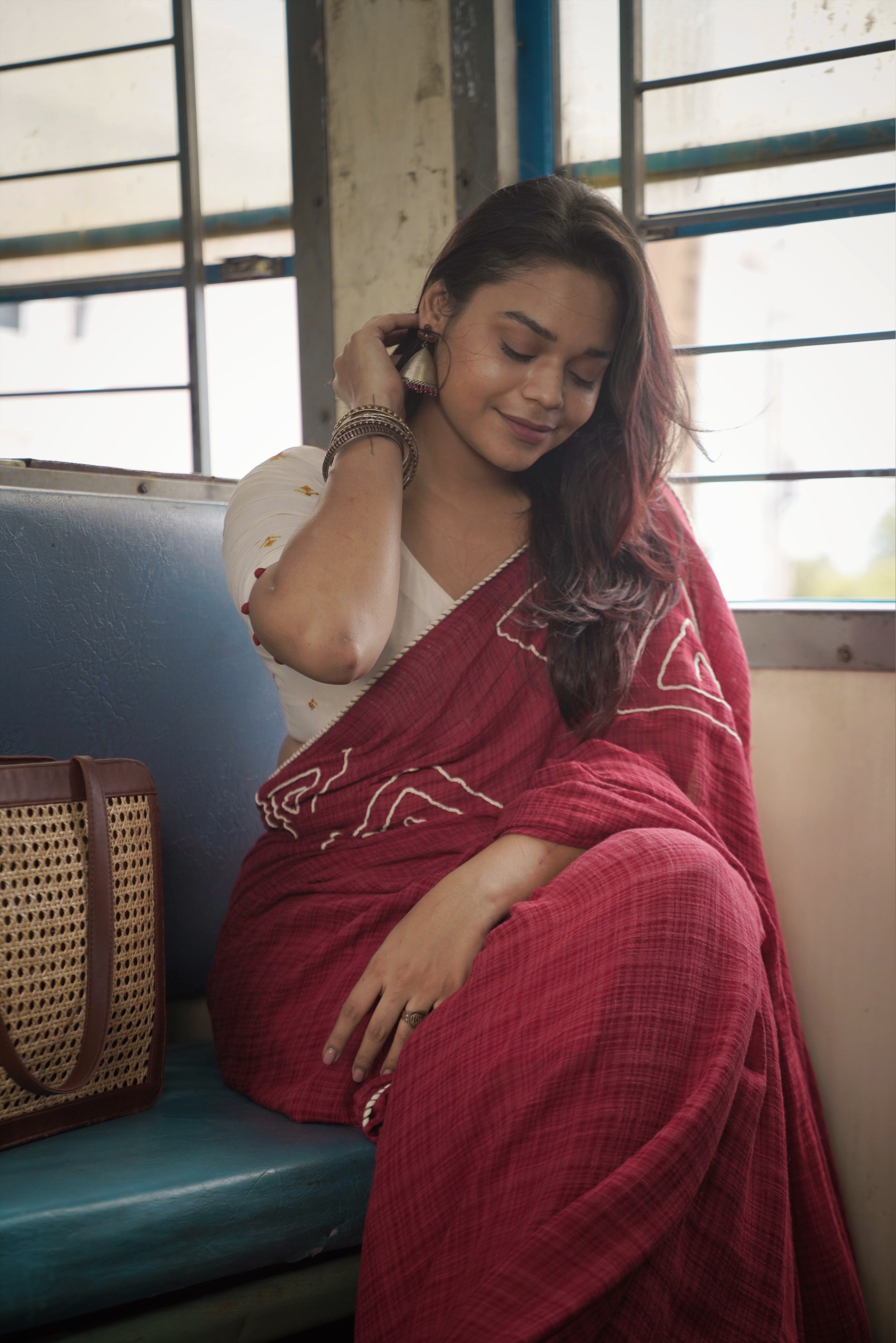 Beautiful Maroon Red Cotton Check Saree Thread Lace - Rubaru