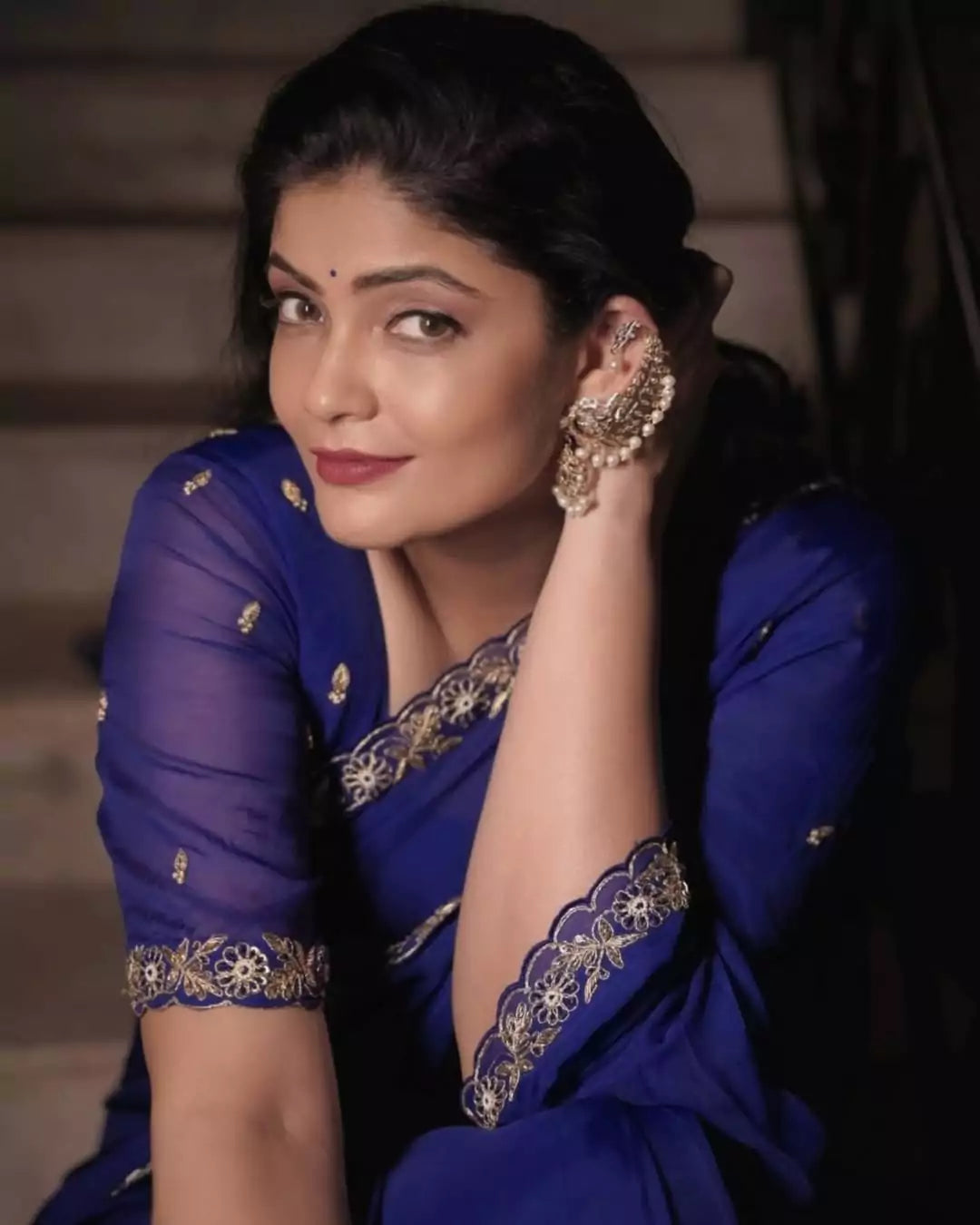 Elegant Blue Midnight Organza Floral Gold Zari Zardozi Saree