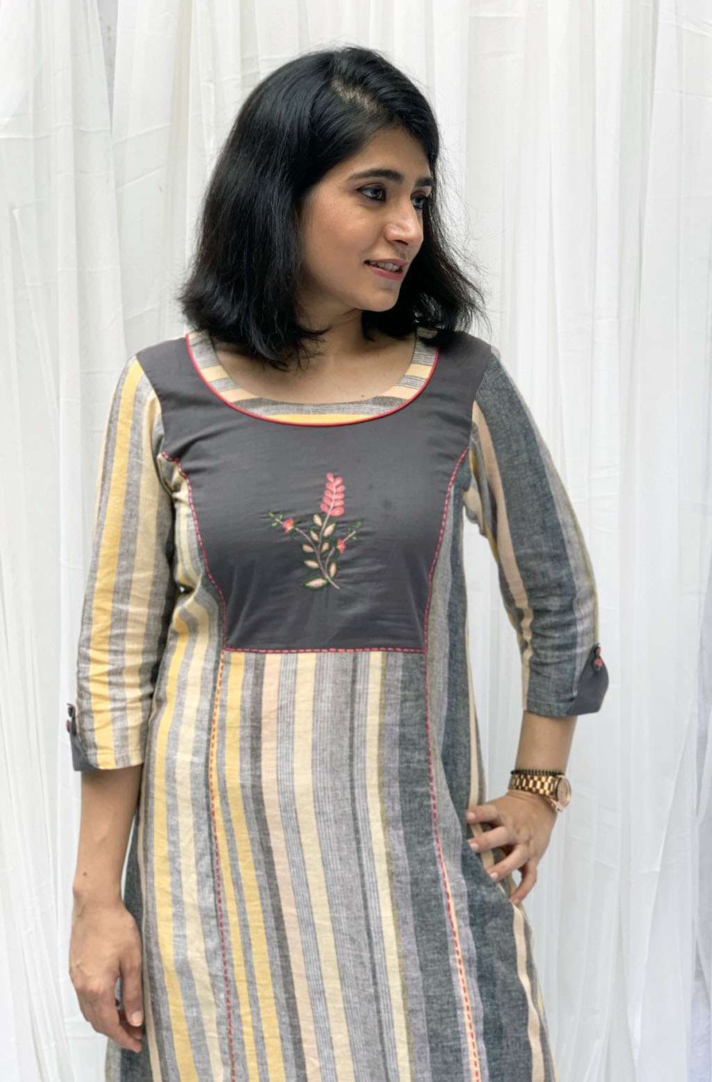 Festive Mustard Grey Linen Floral Embroidered Kurta Cotton Pant Set