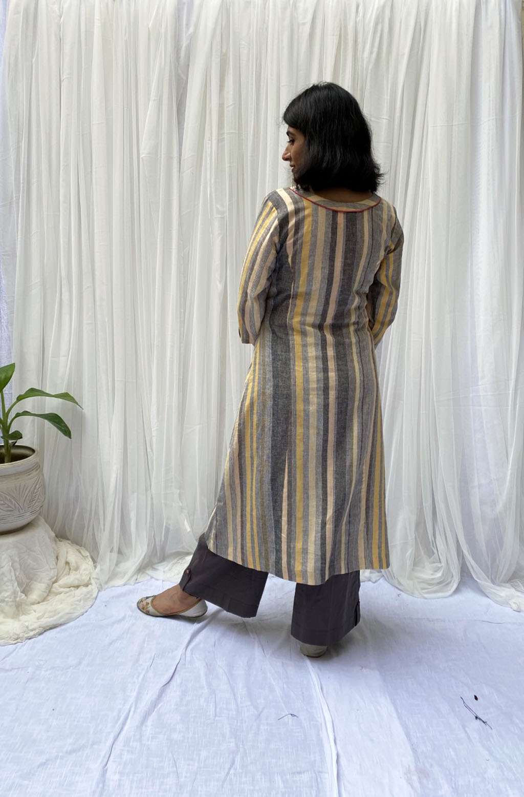 Festive Mustard Grey Linen Floral Embroidered Kurta Cotton Pant Set