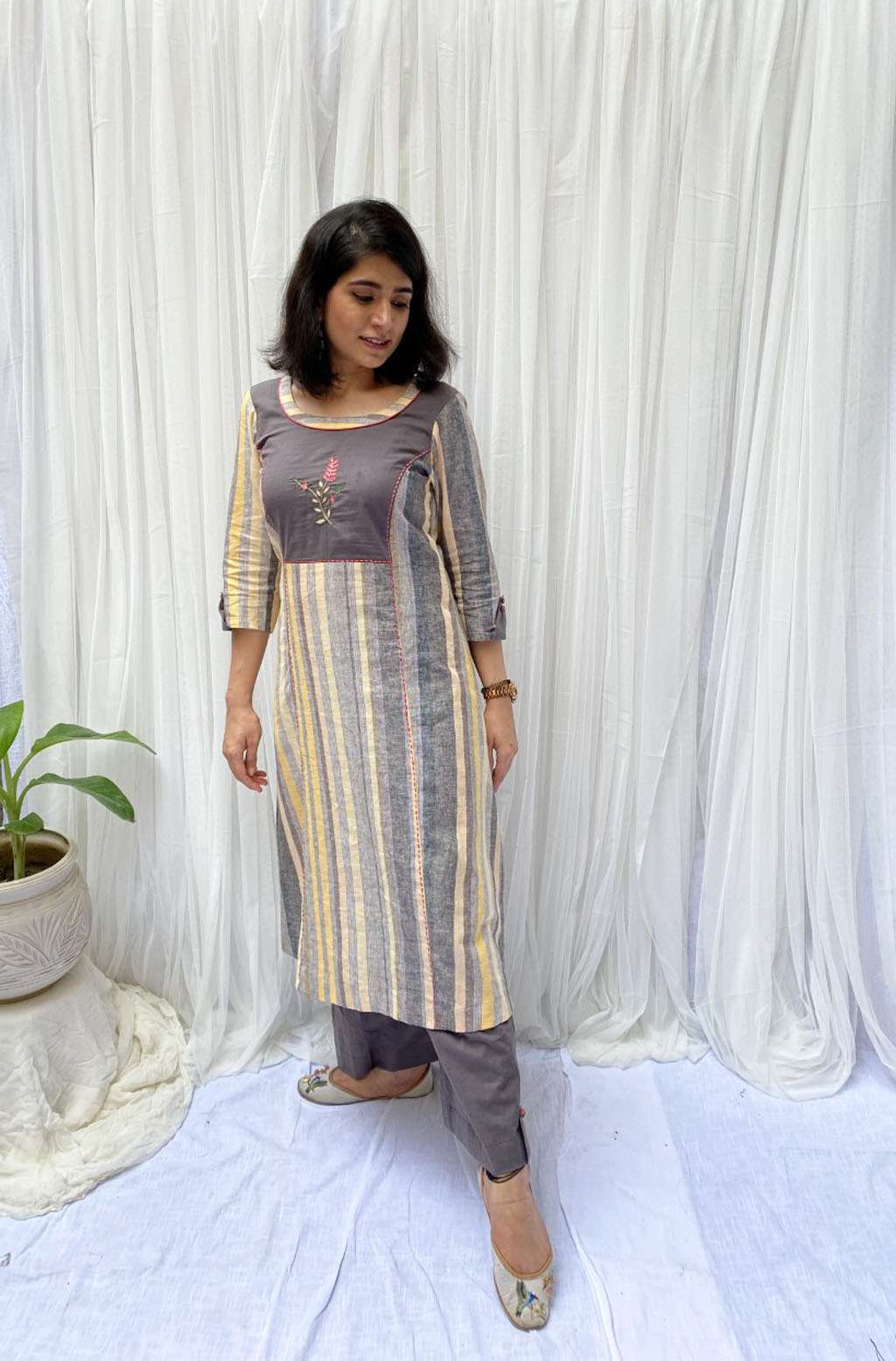 Festive Mustard Grey Linen Floral Embroidered Kurta Cotton Pant Set