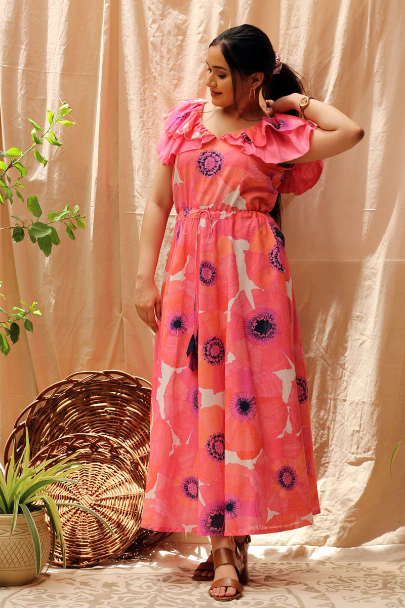 Peppy Pink Orange Violet Cotton Floral Print Ruffle Dress - Flamingo
