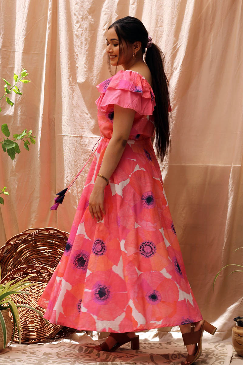 Peppy Pink Orange Violet Cotton Floral Print Ruffle Dress - Flamingo