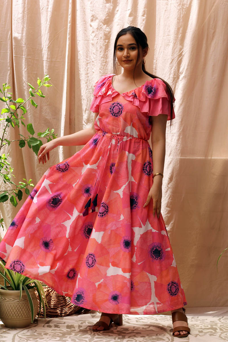 Peppy Pink Orange Violet Cotton Floral Print Ruffle Dress - Flamingo