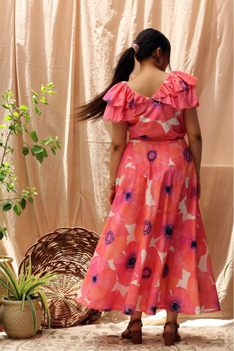 Peppy Pink Orange Violet Cotton Floral Print Ruffle Dress - Flamingo