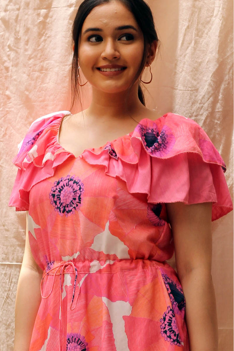 Peppy Pink Orange Violet Cotton Floral Print Ruffle Dress - Flamingo
