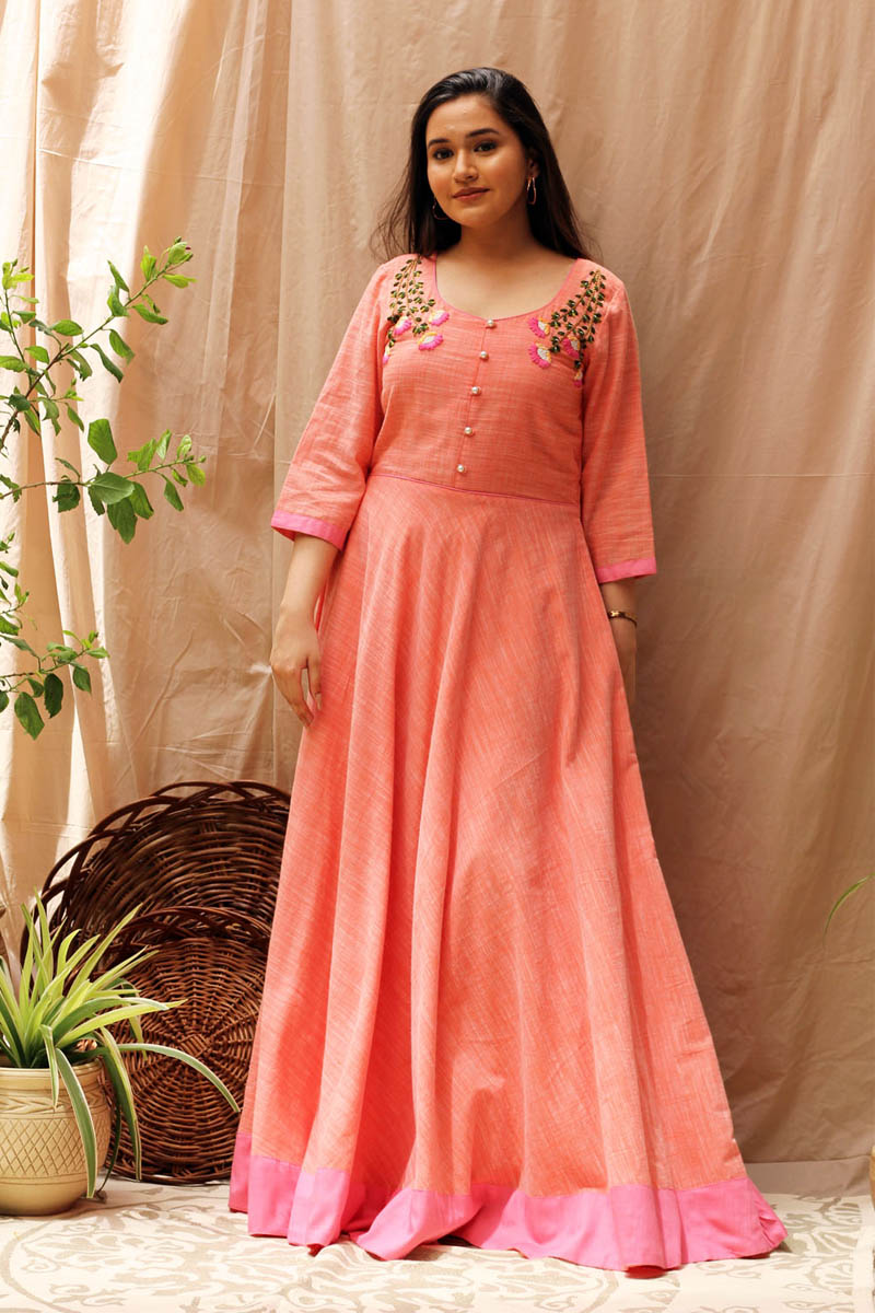 Versatile Orange Pink Slub Cotton Hand Embroidered Long Dress - Paradise
