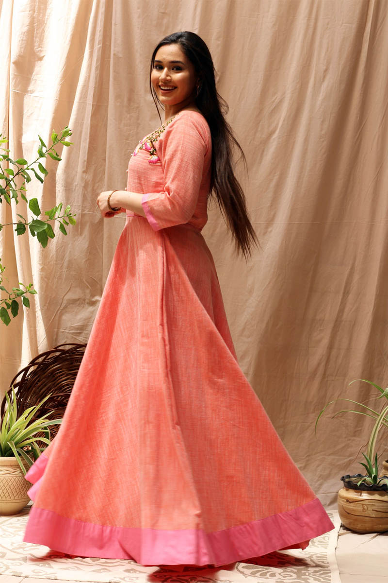 Versatile Orange Pink Slub Cotton Hand Embroidered Long Dress - Paradise