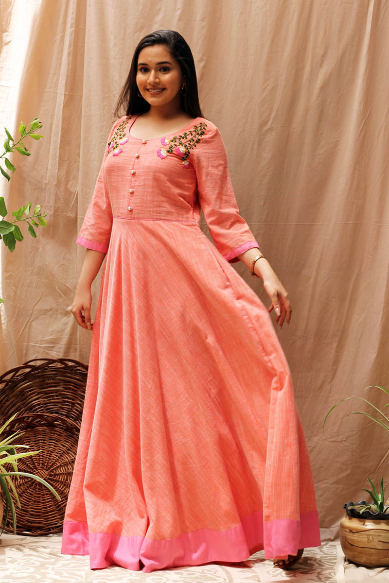 Versatile Orange Pink Slub Cotton Hand Embroidered Long Dress - Paradise