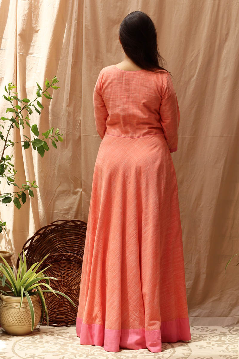 Versatile Orange Pink Slub Cotton Hand Embroidered Long Dress - Paradise