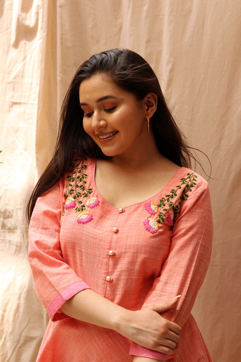 Versatile Orange Pink Slub Cotton Hand Embroidered Long Dress - Paradise