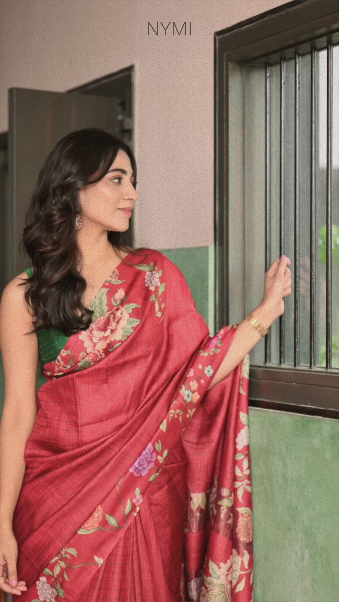 Load video: Crimson Red Tussar Silk Saree Checkered Floral Printed Border