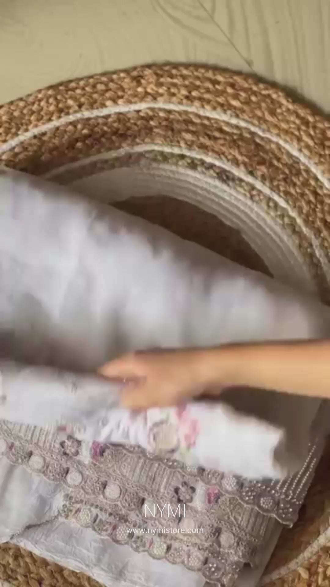 Load video: White Embroidered Chiffon Saree with Pearl &amp; Stone Floral Detailing