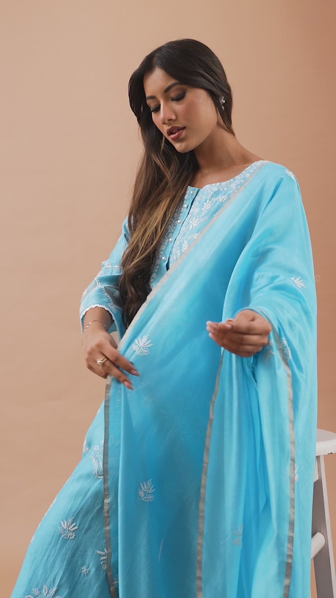 Load video: Firoza Turquoise Chikankari Embroidered Kurta Set