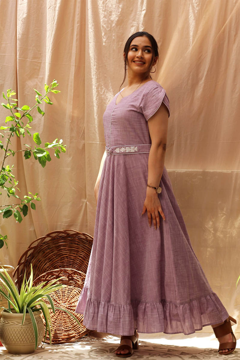 Handcrafted Purple Slub Cotton Beadwork Umbrella Dress - Vintage Violet