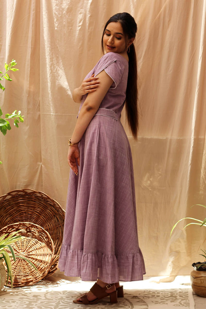 Handcrafted Purple Slub Cotton Beadwork Umbrella Dress - Vintage Violet