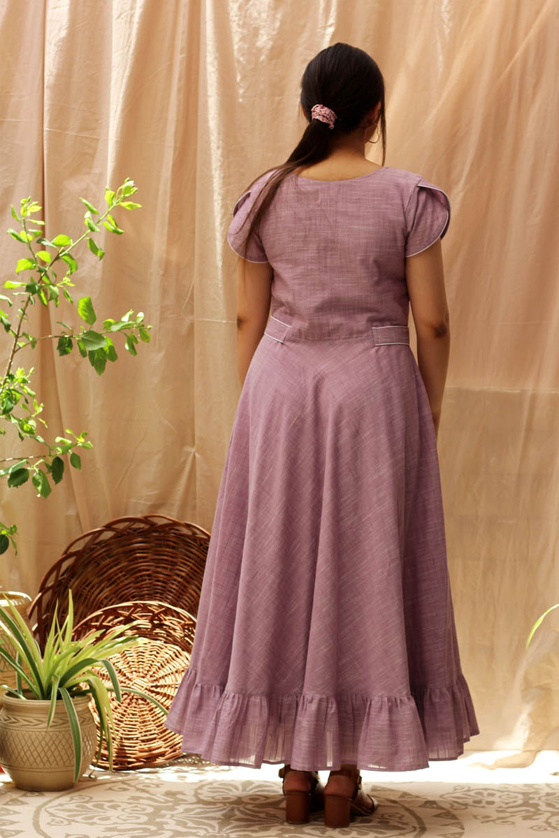 Handcrafted Purple Slub Cotton Beadwork Umbrella Dress - Vintage Violet