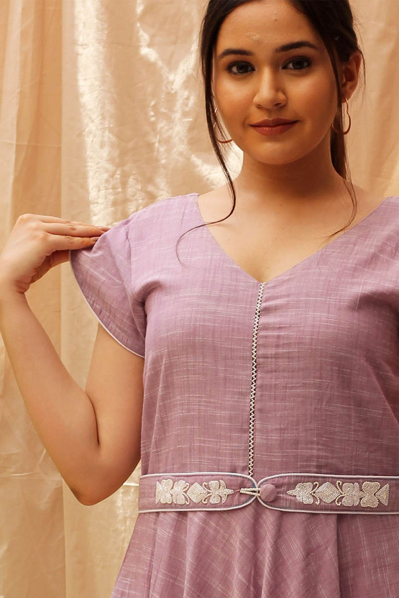 Handcrafted Purple Slub Cotton Beadwork Umbrella Dress - Vintage Violet