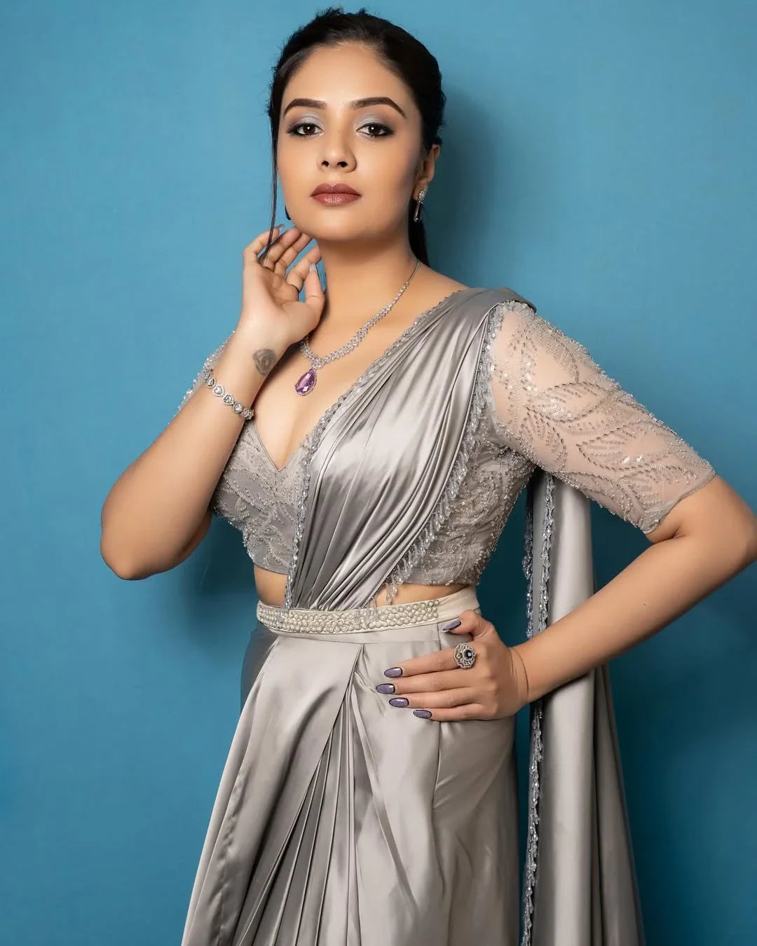 Luxurious Grey Satin Lehenga with Cutdana Hand Embroidery Blouse