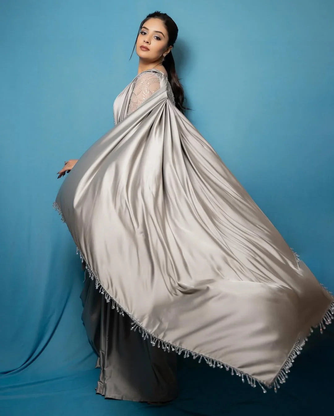 Luxurious Grey Satin Lehenga with Cutdana Hand Embroidery Blouse