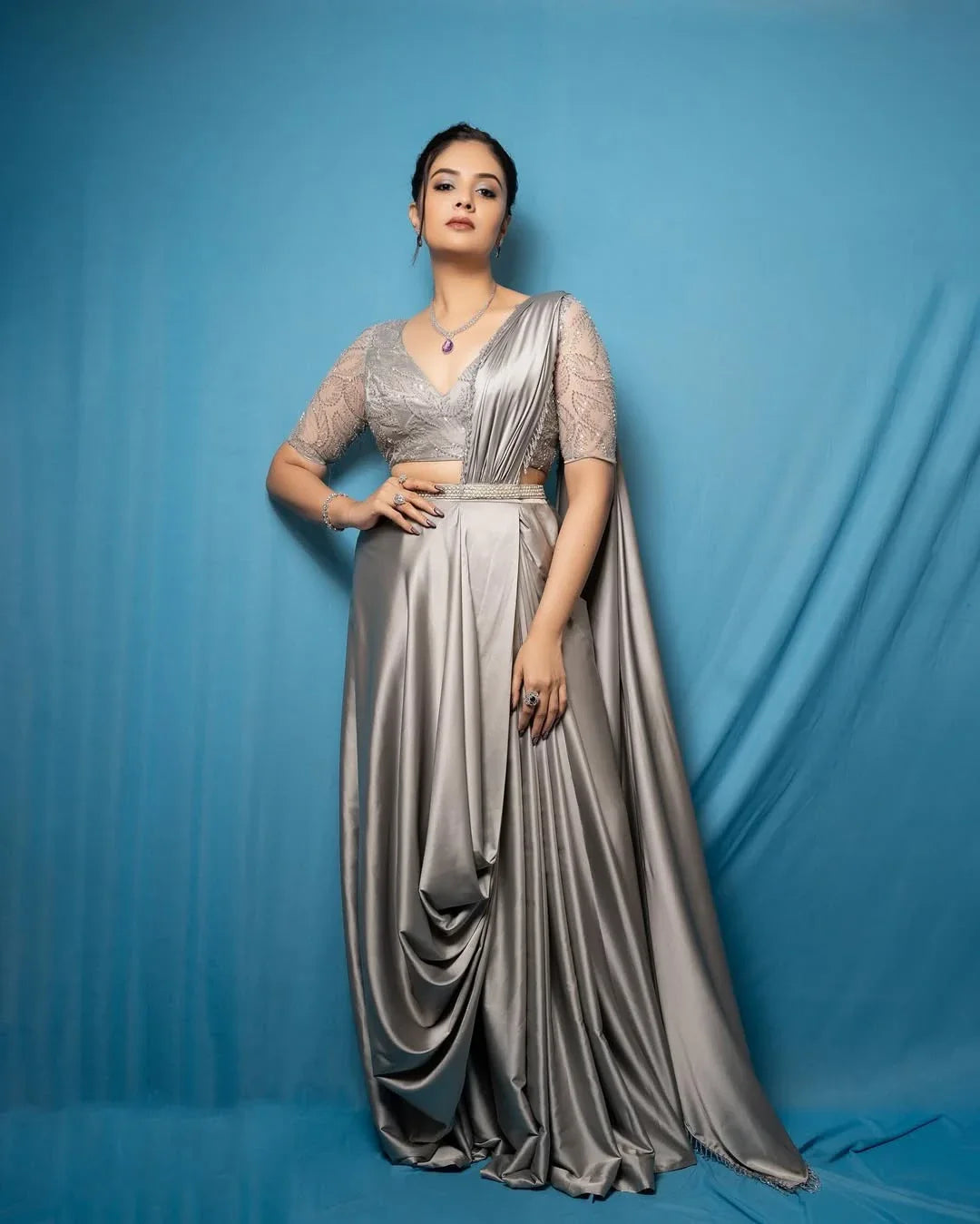 Buy Luxurious Grey Satin Lehenga with Cutdana Hand Embroidery