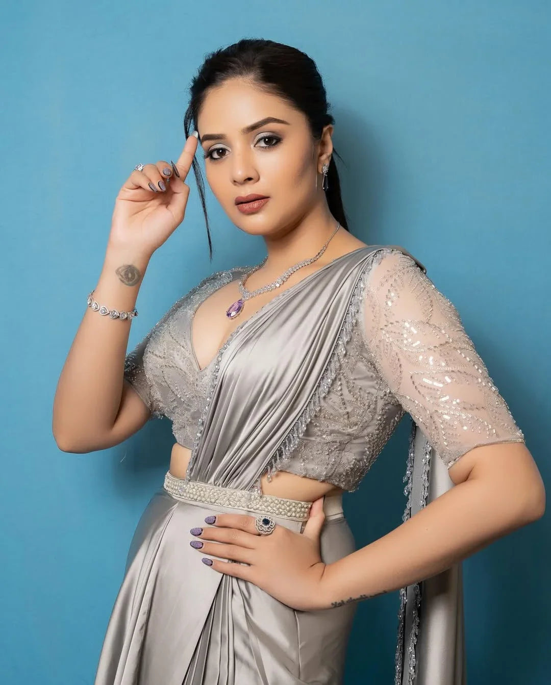Luxurious Grey Satin Lehenga with Cutdana Hand Embroidery Blouse