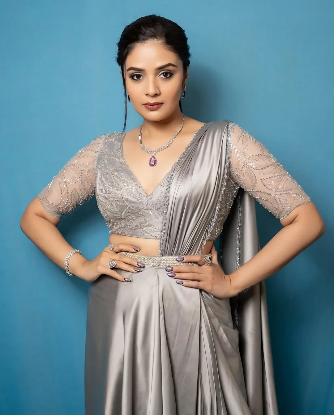 Luxurious Grey Satin Lehenga with Cutdana Hand Embroidery Blouse