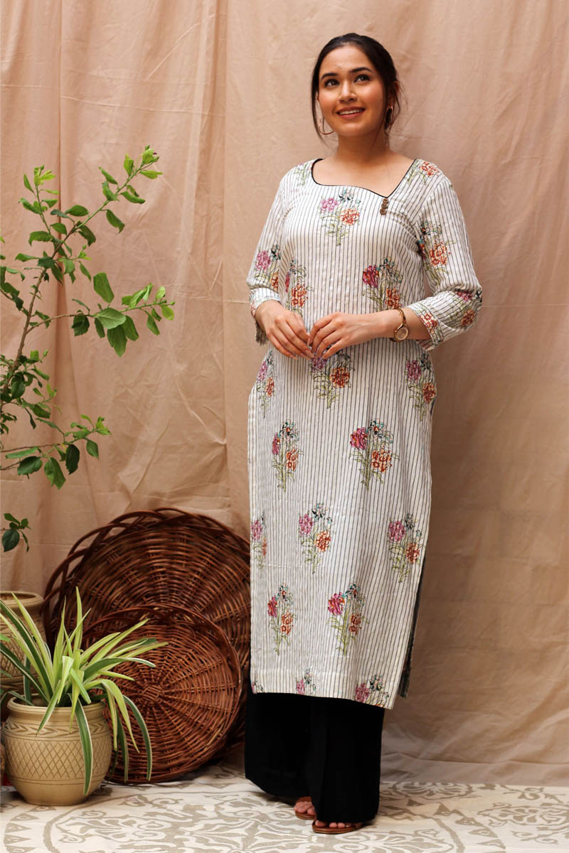 Classic Black White Cotton Striped Floral Kurta Black Flared Pant Set