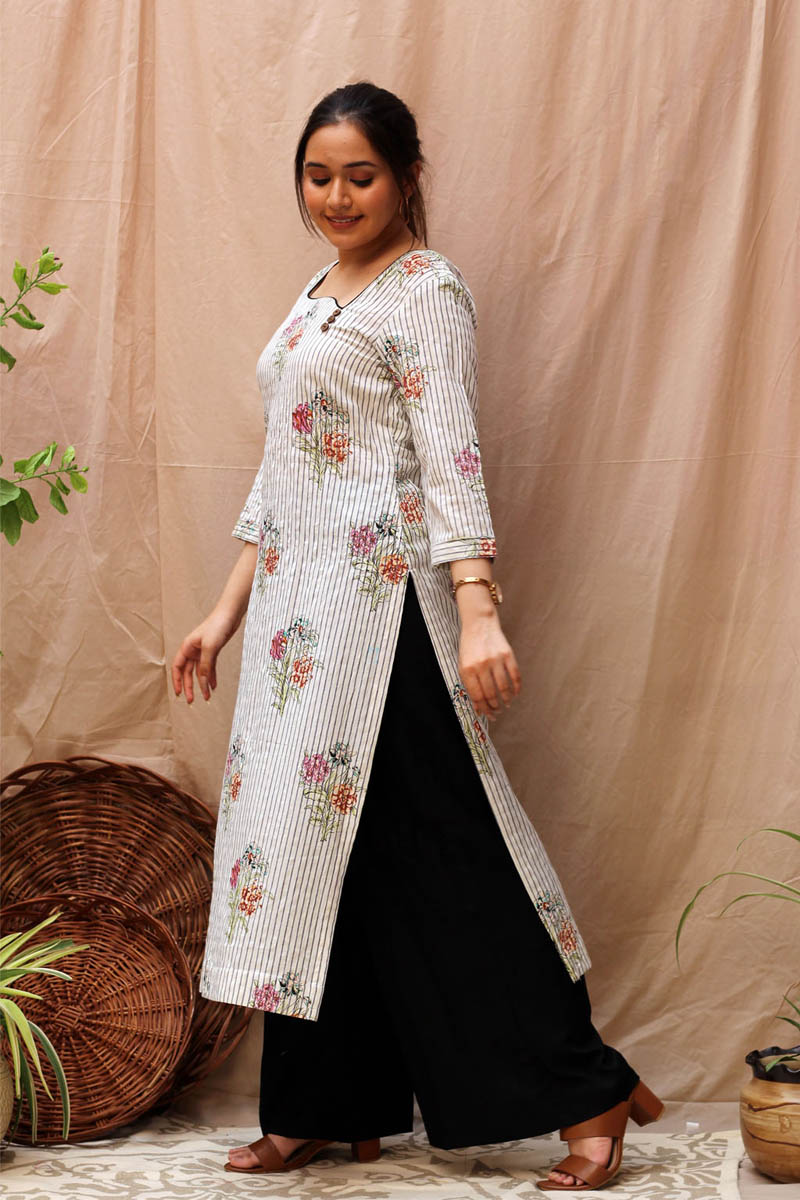 Classic Black White Cotton Striped Floral Kurta Black Flared Pant Set