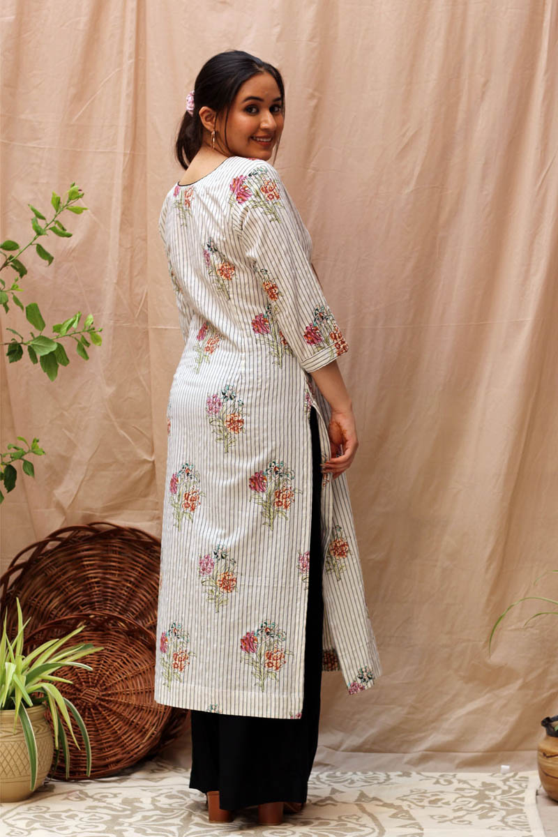 Classic Black White Cotton Striped Floral Kurta Black Flared Pant Set