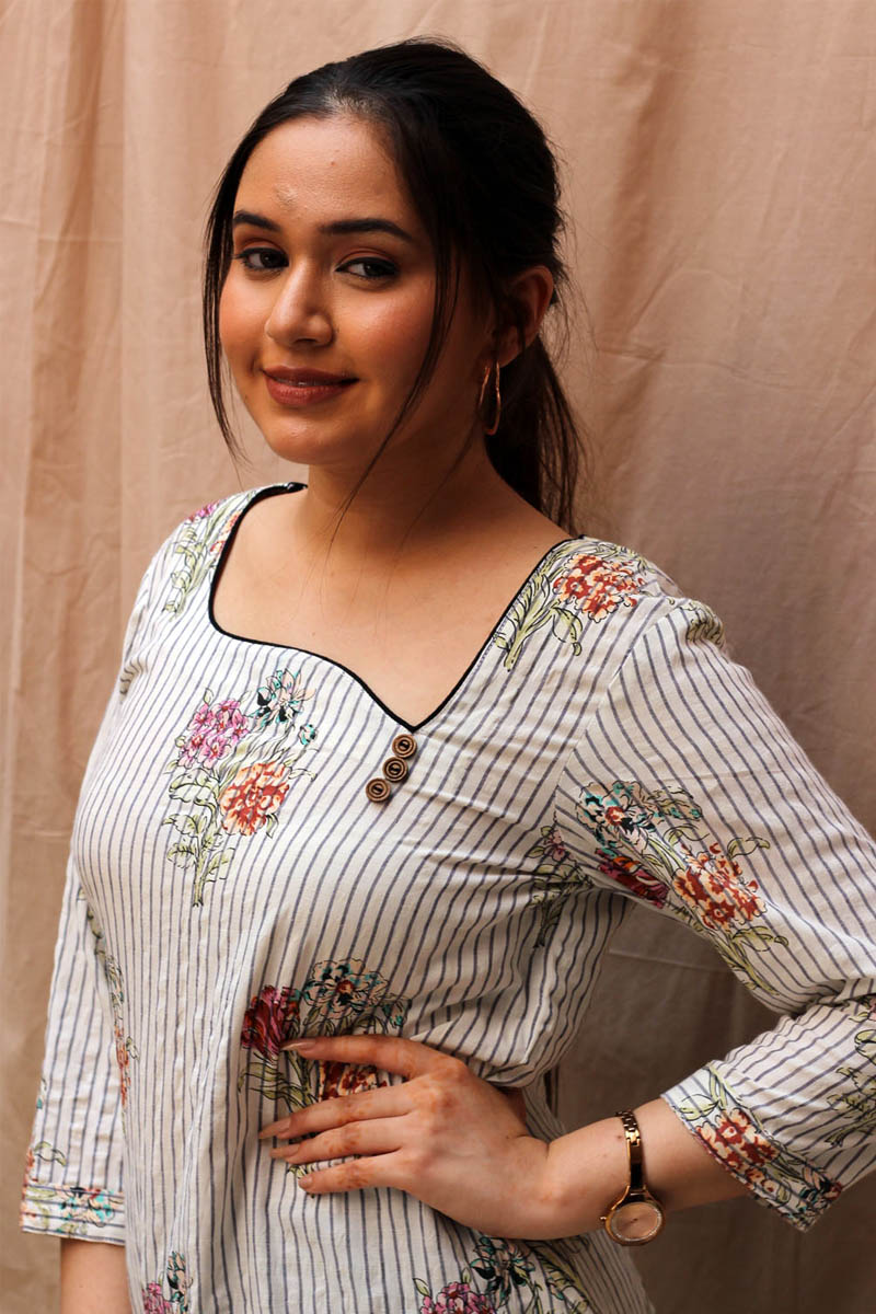 Classic Black White Cotton Striped Floral Kurta Black Flared Pant Set