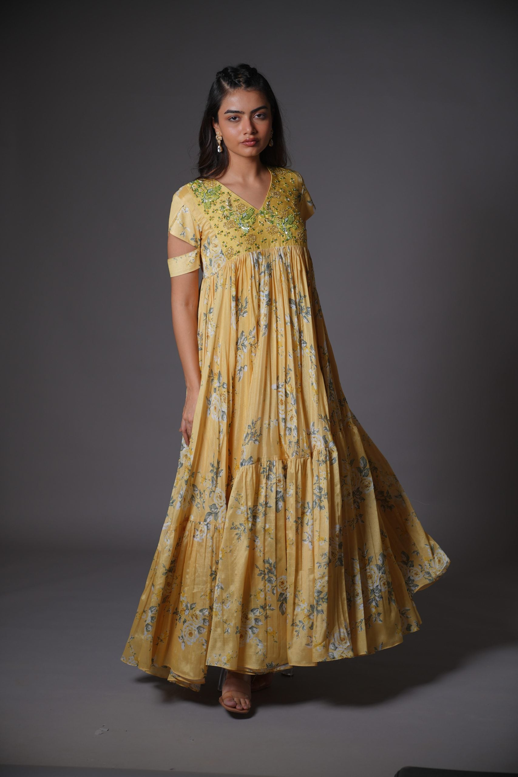 Bumblebee Yellow Floral Chiffon Gown - Party Gown