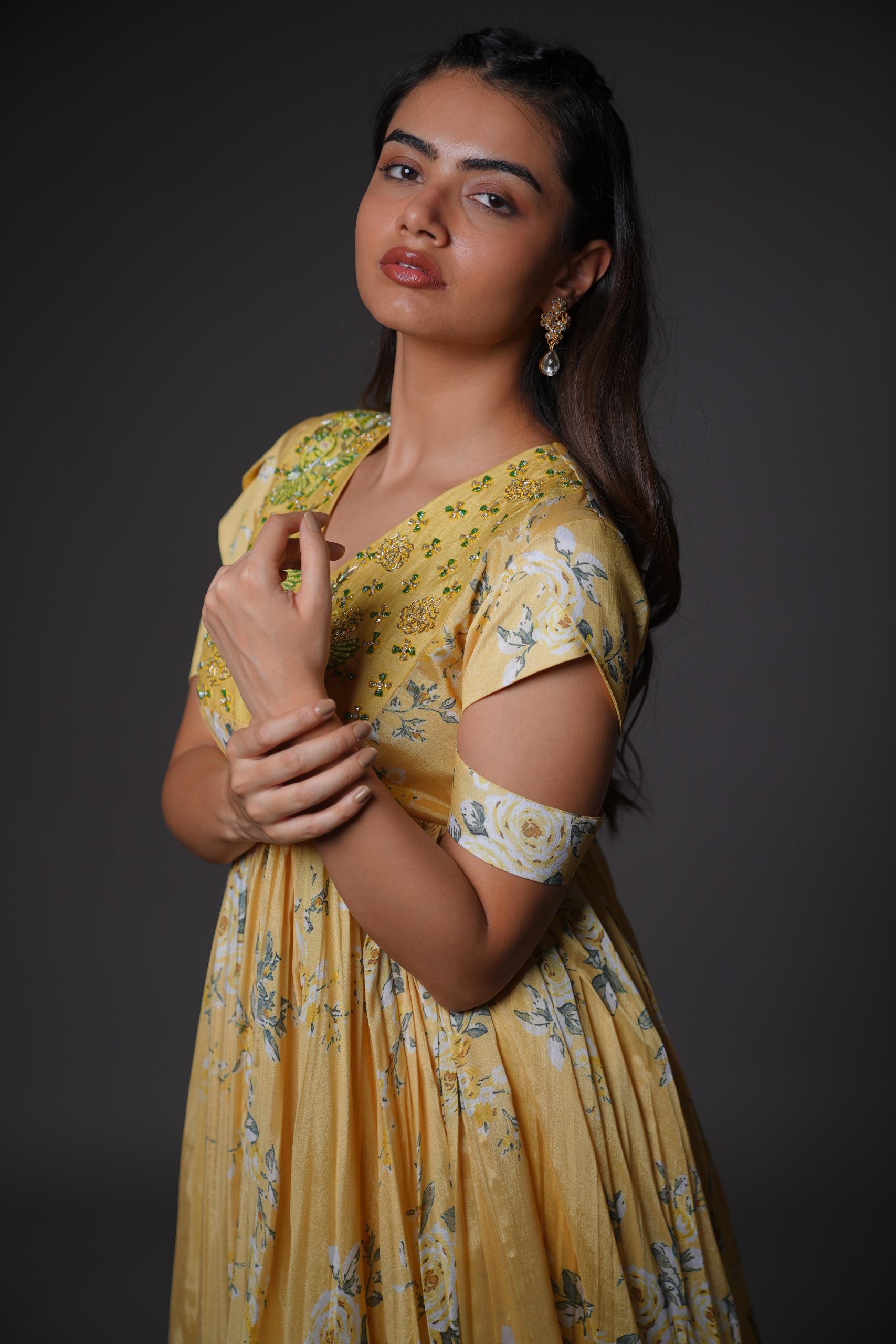 Bumblebee Yellow Floral Chiffon Gown - Party Gown