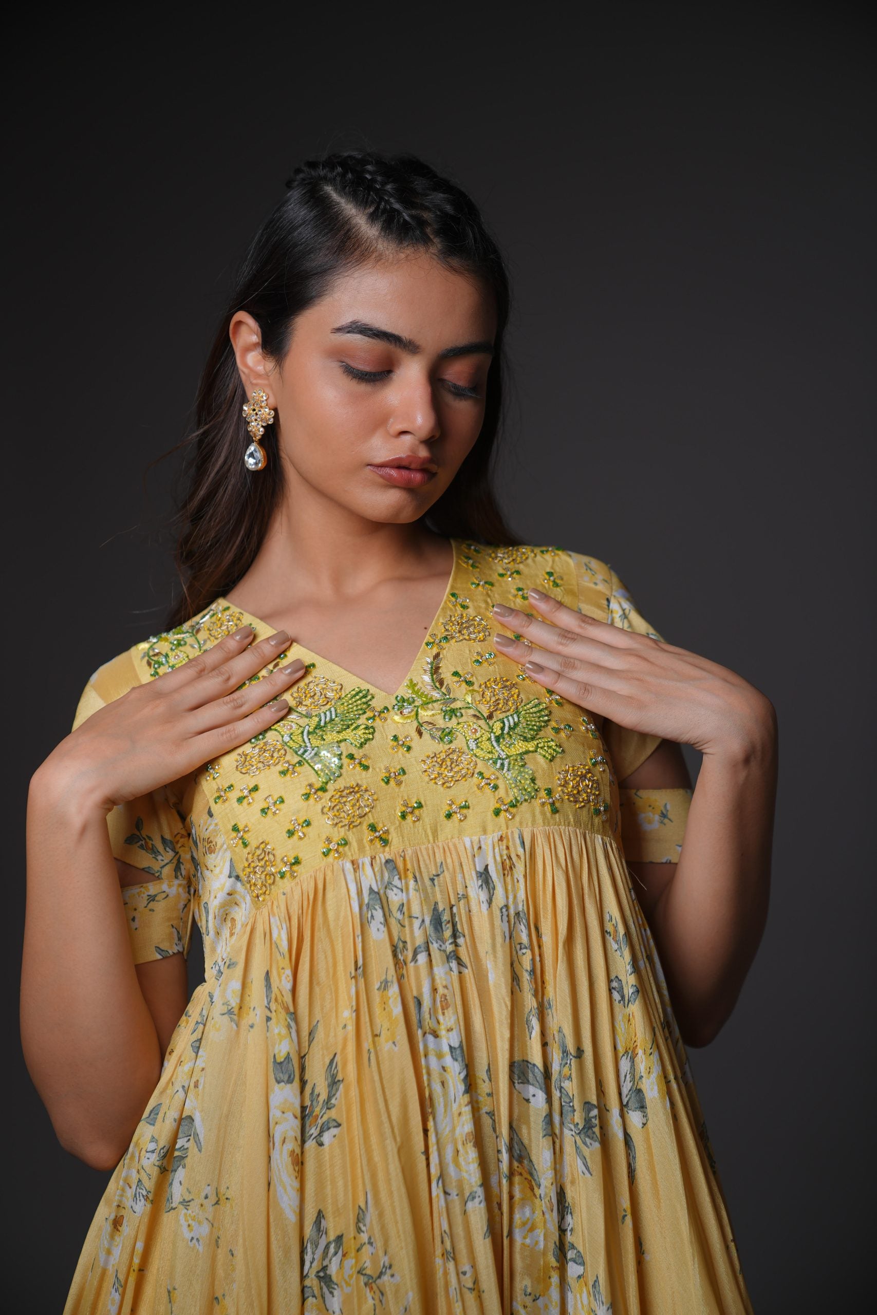 Bumblebee Yellow Floral Chiffon Gown - Party Gown