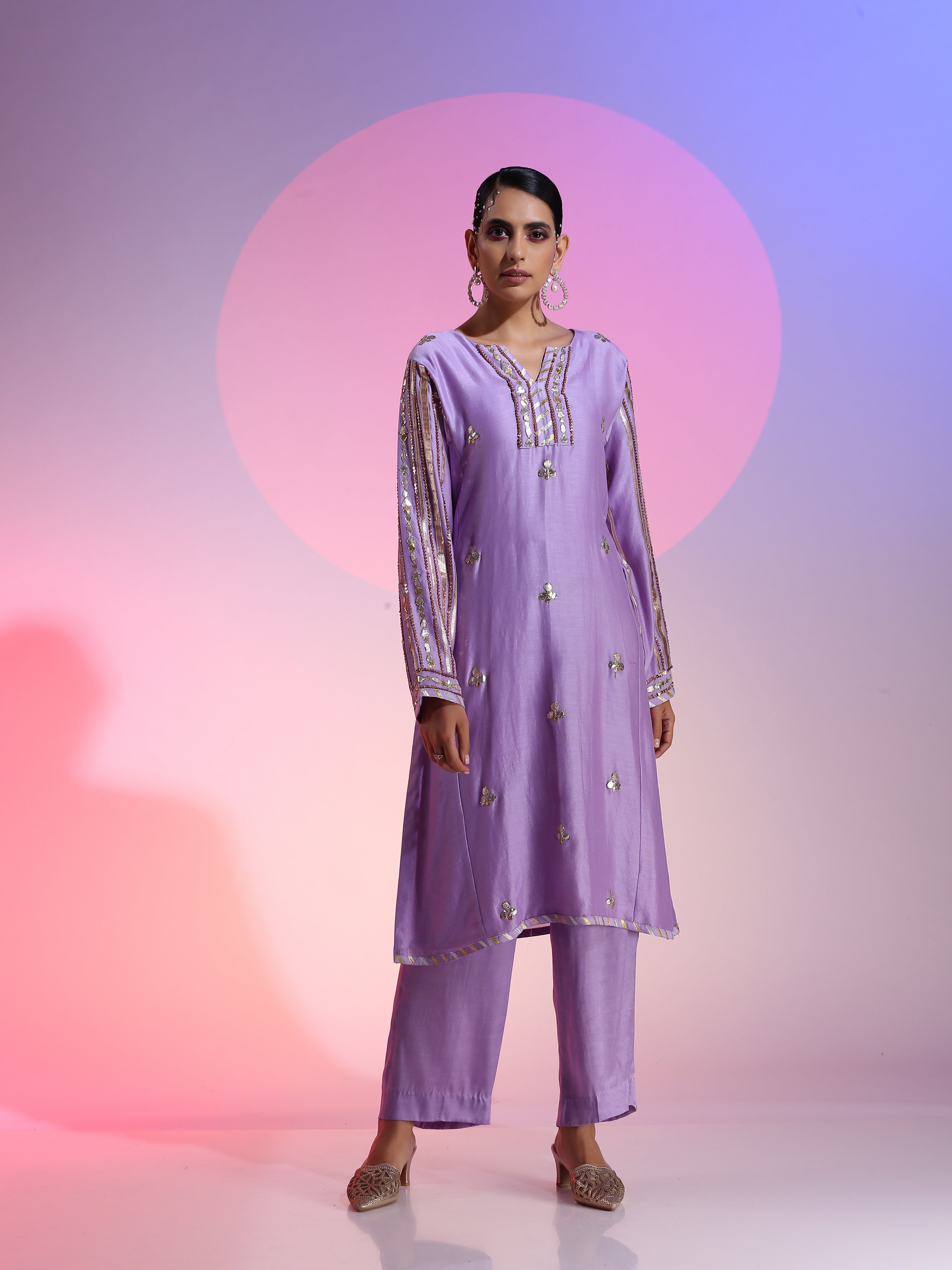 Purple Cotton Silk Gotta Sequin Kurta Pants Set