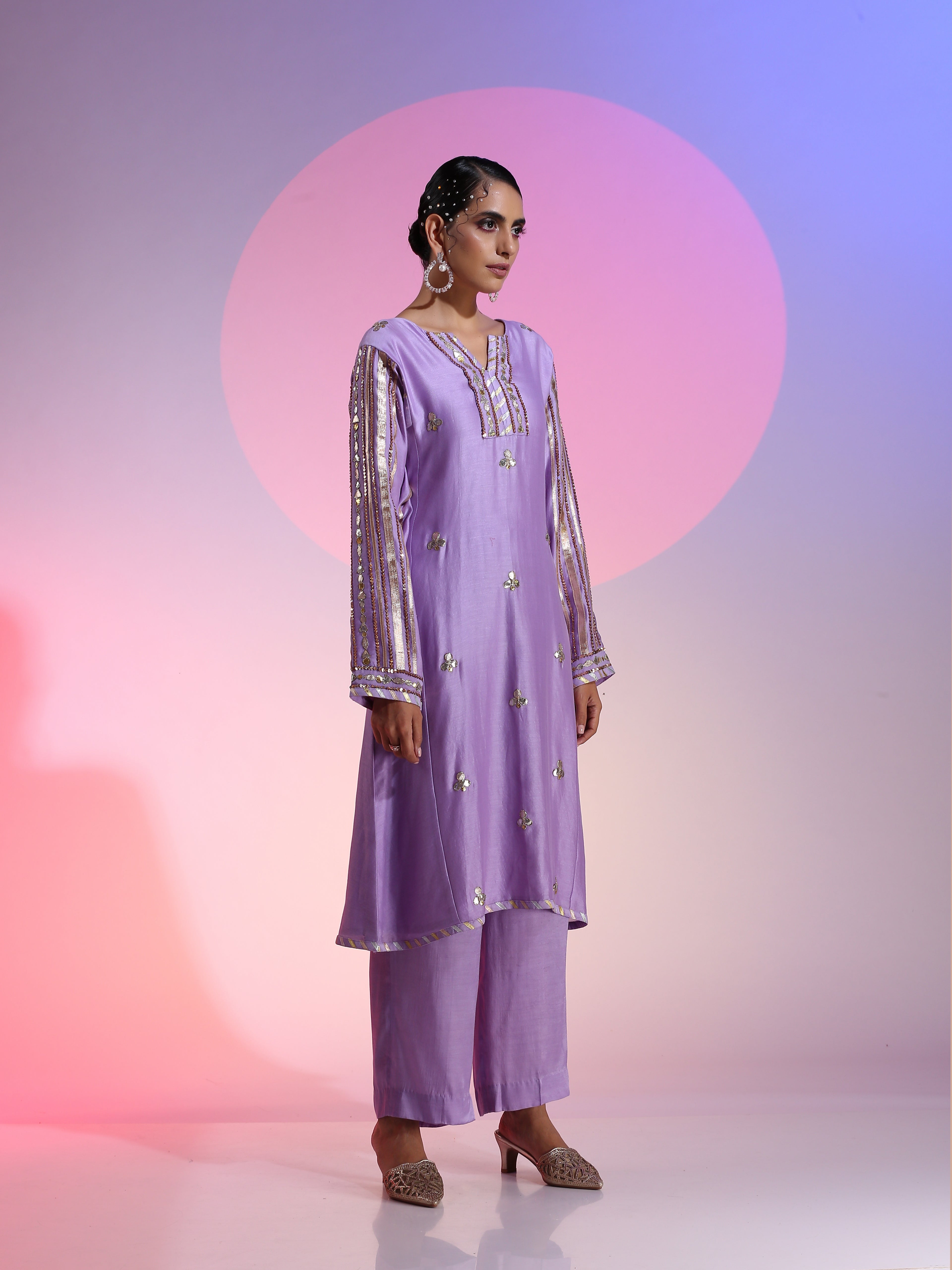 Purple Cotton Silk Gotta Sequin Kurta Pants Set