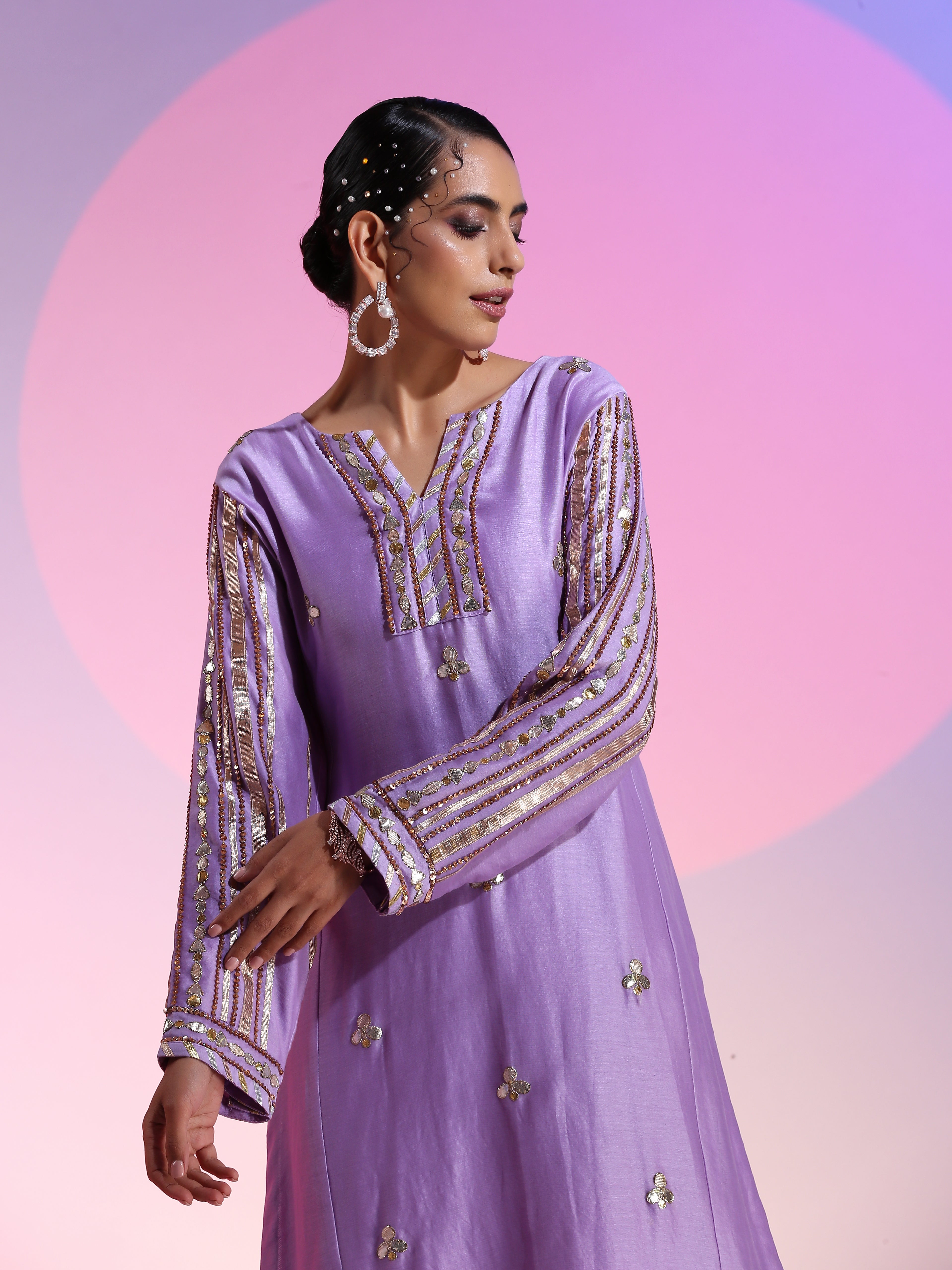 Purple Cotton Silk Gotta Sequin Kurta Pants Set