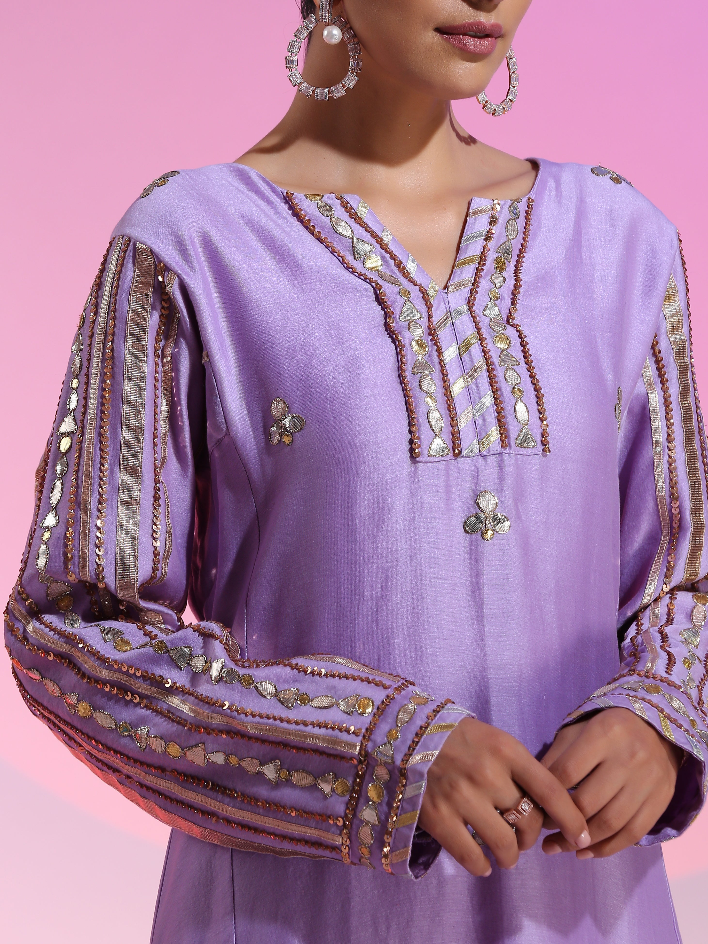 Purple Cotton Silk Gotta Sequin Kurta Pants Set